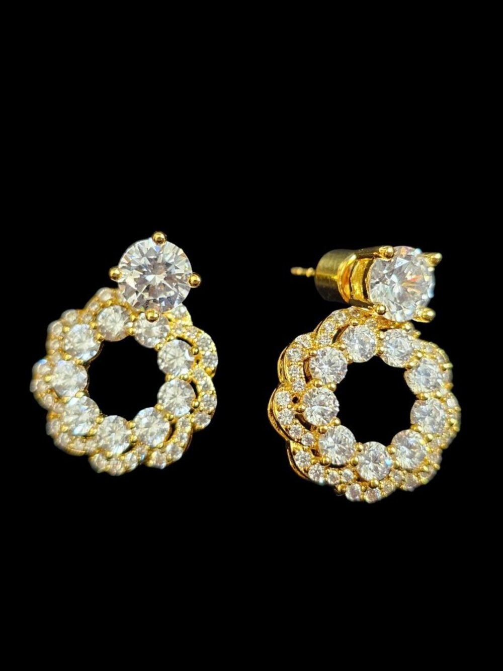 Gold Tone CZ Circle Drop Earrings Round Halo Dangle Statement Sparkle Prom - Picture 5 of 7